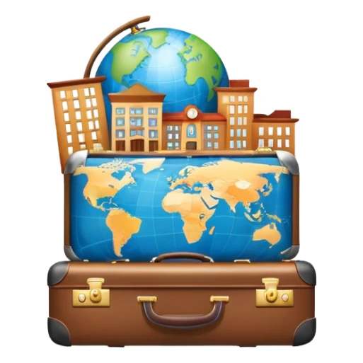 An icon featuring a suitcase, 1 globe, and a hotel building, symbolizing tourism and hospitality studies. The design includes a map and compass, representing travel research and industry analysis. Transparent background sticker