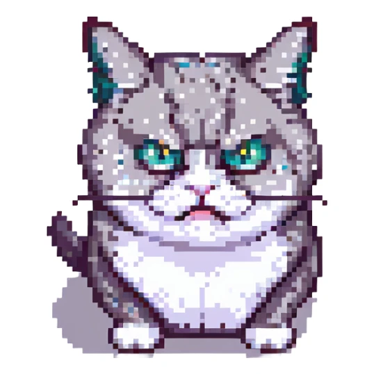 cute angry cat, pixel art style, small pixels, simple colors, angry facial expression sticker