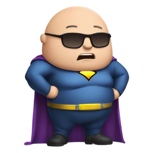 A chubby bald guy with a super hero suit and a logo that reads FatMan sticker