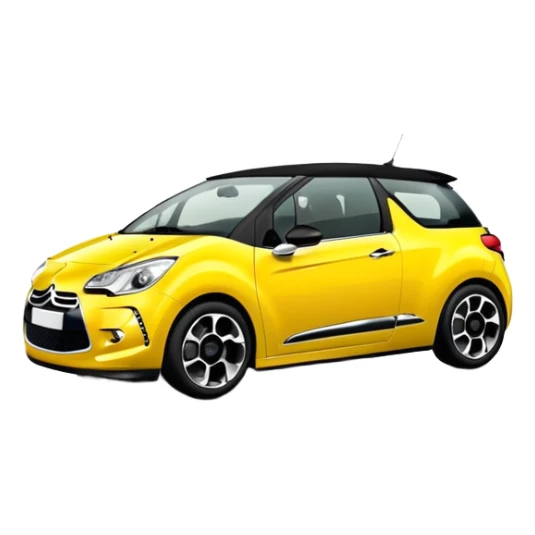 Yellow car Citroen DS3 with black roof like from car catalog  front left side mirror of the car is chrome sticker