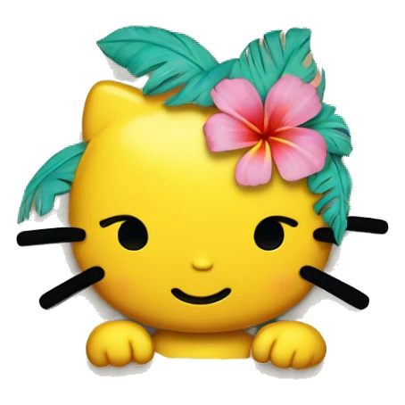 A yellow Hawaii hello kitty head that’s putting up a peace sign sticker