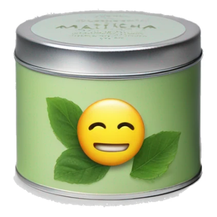 matcha scented candle in a silver tin with a small white label hyperrealistic sticker