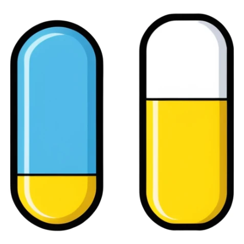 Oblong Pill Capsule, half yellow, half blue sticker