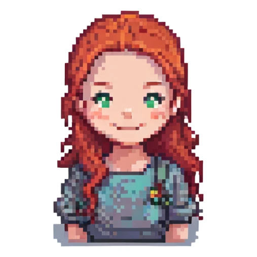 woman psychologist with red hair, smiling, pixel art style sticker