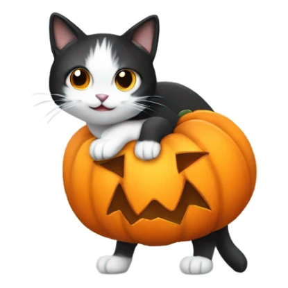 black and white cat, wearing pumpkin costume sticker