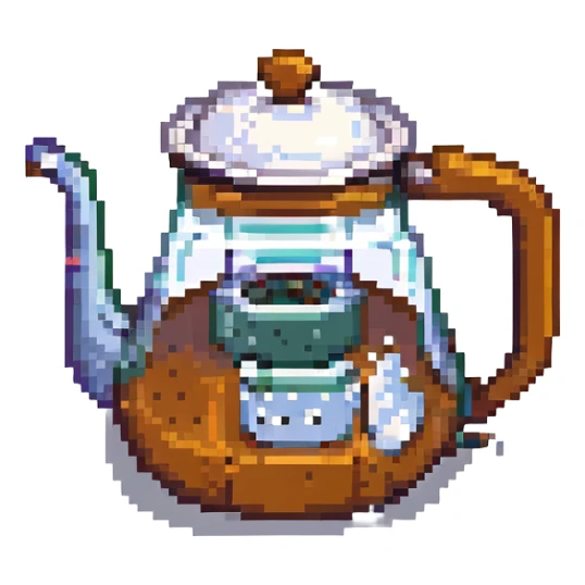 pixel art coffee pot (dallah) symbolizing Arabic hospitality, clear outlines, classic pixel shading sticker
