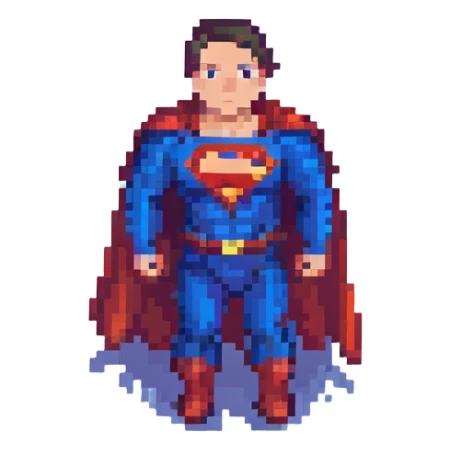 Superman standing heroically with cape flowing, pixel art style, simplified details, retro video game look sticker
