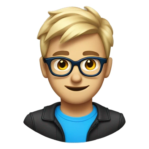 a nerd, with dirty blonde hair, blue and black glasses, with a very devil like smirk on his face. His haircut is a low taper fade sticker