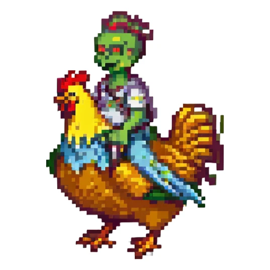 small zombie riding a chicken, Minecraft chicken jockey, pixel art style sticker
