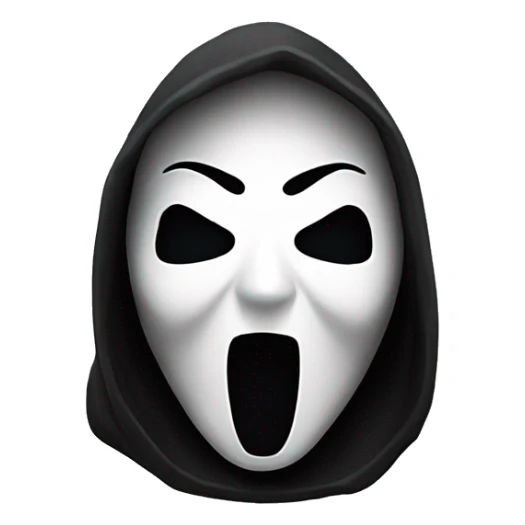 “Apple emoji of Ghostface: white mask with a screaming expression, dark eyes, and a black hooded cloak.” sticker
