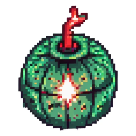 Green digital bomb animation frame 4, round bomb body with green highlights, tiny leaf-shaped fuse at top, intense green glow, about to explode, nature-inspired design, pixel art style sticker