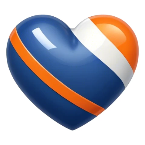 Glossy, sporty dark blue heart with diagonal white and orange athletic stripes going down one side sticker