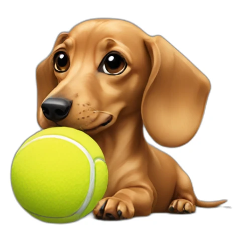 A fawn colored dachshund playing with a tennis ball sticker