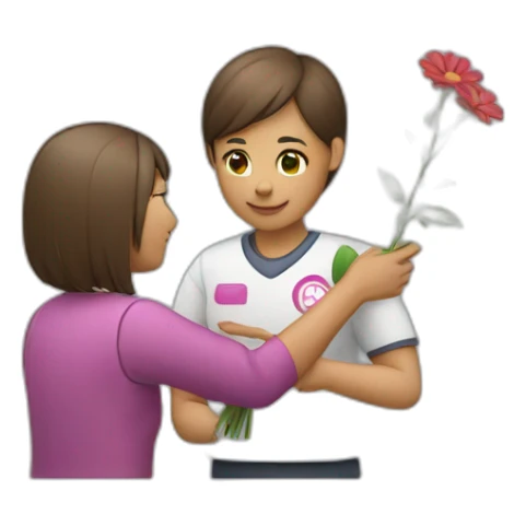 team leader giving flower to her sticker