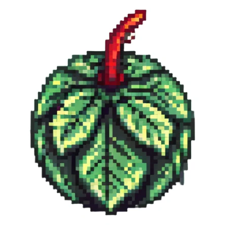 Green digital bomb with leaf-shaped fuse or vine on top, round bomb body with green highlights and details, nature-inspired design, pixel art style sticker