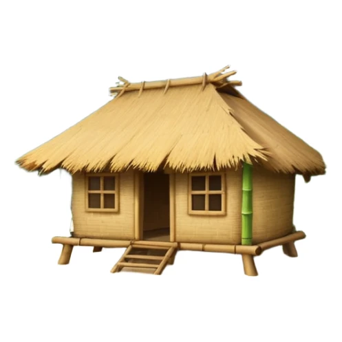 bamboo hut with volcano in the back in Volcano Island  sticker
