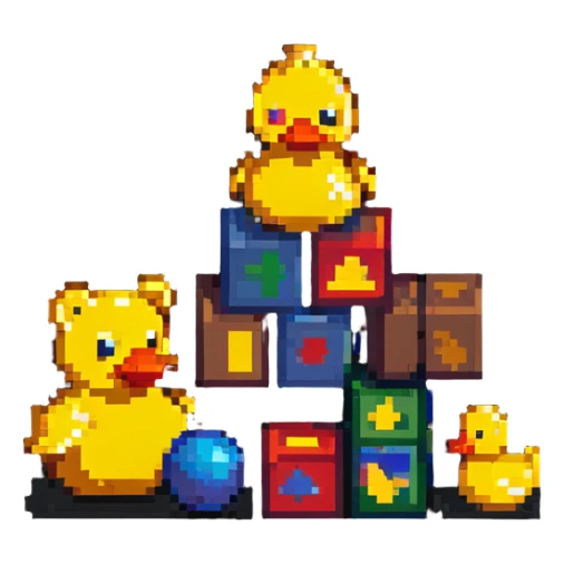 toy collection scattered - teddy bear, rubber duck, building blocks, ball, action figures sticker