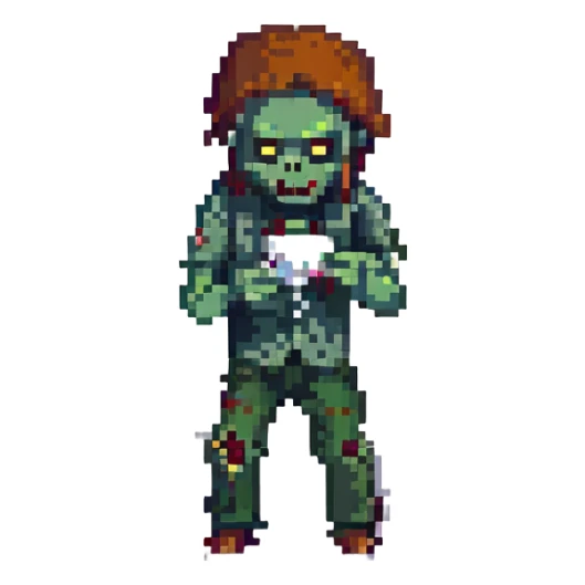 A zombie Leo  sniffing white powder with a background lab in the style of a pixel art sticker