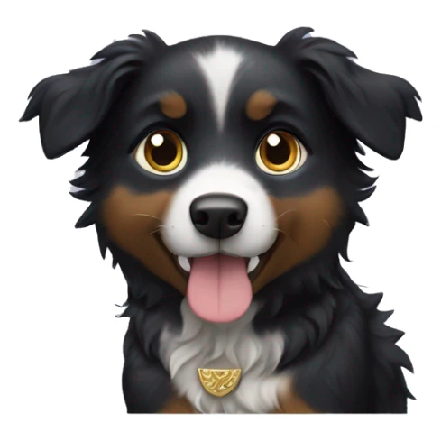 Small black australian shepherd dog with a sword sticker