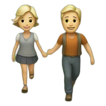 Couple walking in a village garden behind a small hut sticker
