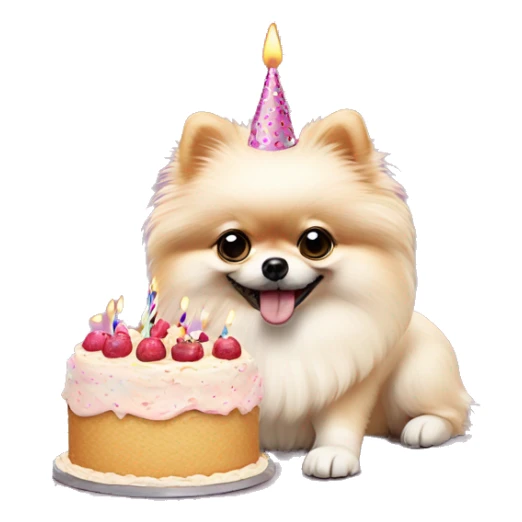 Crème Pomeranian with birthday cake sticker