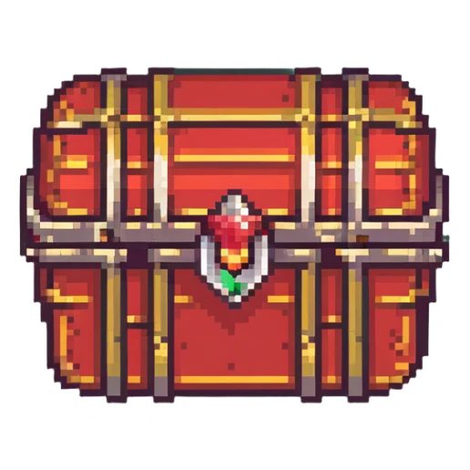 A red RPG treasure chest with gold details, pixelated 16-bit style sticker