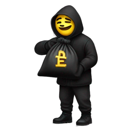 Thief wearing all black clothes actively stealing a money bag with the words Top Tier embroidered on it sticker