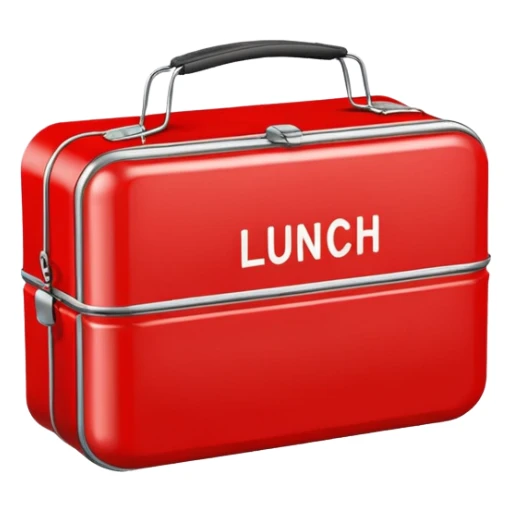 red lunch box with the word lunch on it sticker