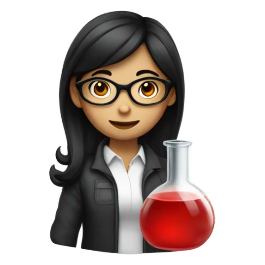 girl with black hair and glasses holding red lab sticker