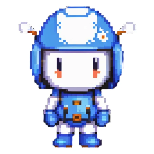 Classic bomberman character, blue and white colors, round helmet with antenna, cute pixel art style sticker