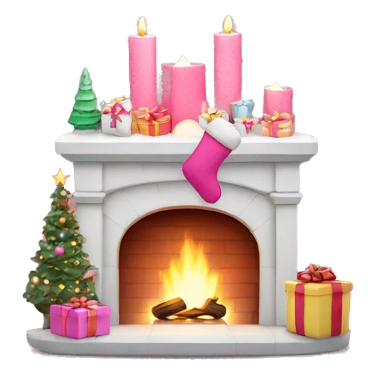 Mini pink fireplace with stockings, tiny gifts, and twinkling lights above sticker