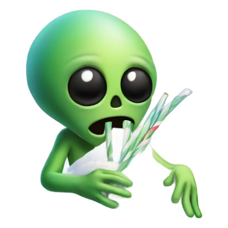 alien holding a small straw next to a mound of snow sticker
