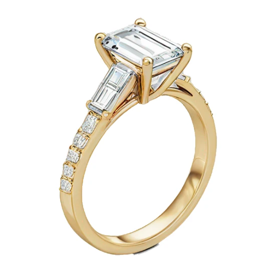 gold emerald cut engagement ring with side stones and thin band sticker