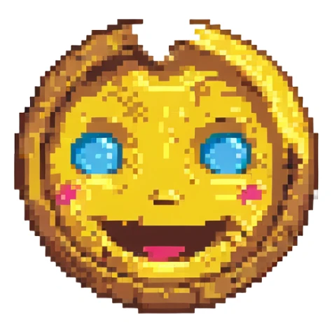 a cracked or damaged emoji face, laughing joyfully, pixel art style sticker