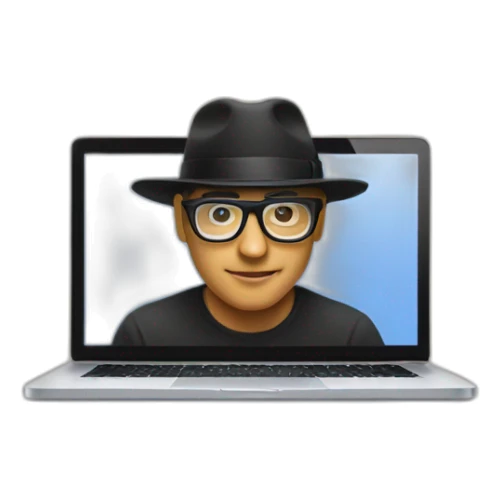 programmer emoji with macbook laptop using glasses and wearing black hat sticker