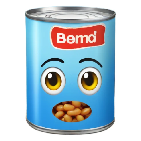 A can of baked beans next to a beach sticker