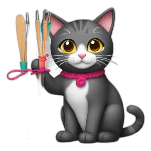 cat holding up crochet hooks and yarn sticker