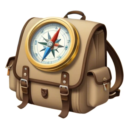 Icon for Expeditions: a compass, a map, a backpack and a rugged expedition jeep, set against a backdrop of snowy mountains, sand dunes and tropical islands. The icon should capture the spirit of adventure and exploration in diverse landscapes. Transparent background. sticker