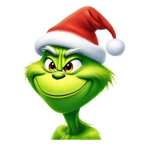 The grinch smiling and wearing a Santa hat sticker