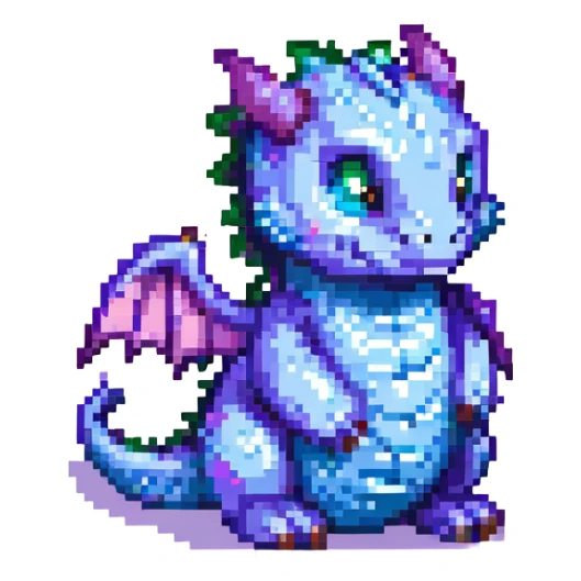 pixel art dragon with tiny wings, cute and round, blue and purple sticker