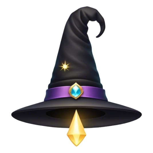 A mysterious black magician’s hat floating in mid-air, surrounded by soft glowing sparkles and a subtle magical aura. A faint swirl of energy flows underneath, giving the illusion of levitation. Flat, modern illustration, clean and minimalistic, digital art, white background, iOS emoji aesthetic. sticker