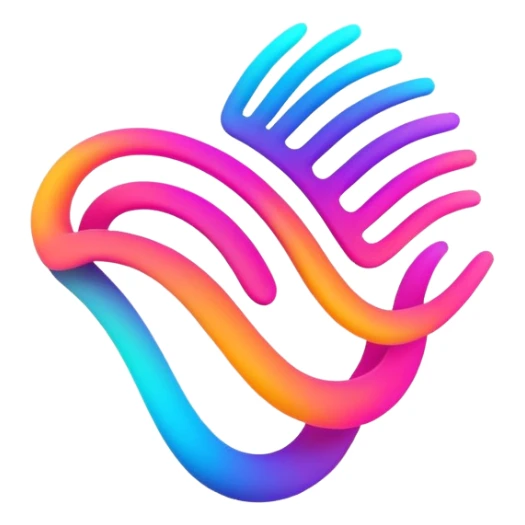 A futuristic abstract logo with curved dynamic lines resembling a subtle hand motion, glowing neon gradients, minimal and modern sticker