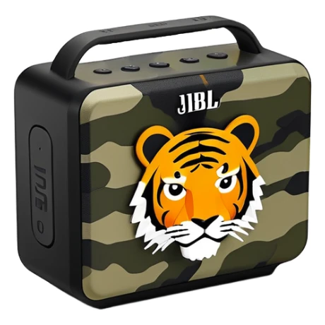 Sleek JBL Go 4 with tiger stripe camouflage pattern, minimal aesthetic, portable speaker, simplified silhouette sticker