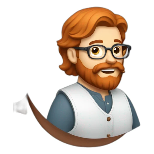 Red smooth haired man with beard and glasses sewing a leather saddle sticker