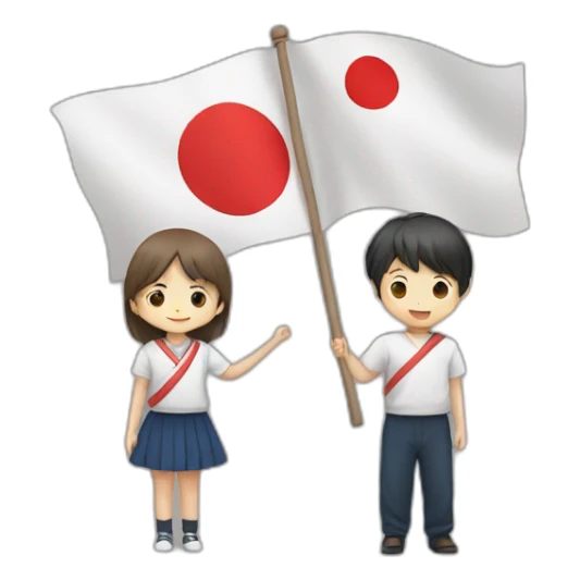 boy and girl holding Japanese flag sticker