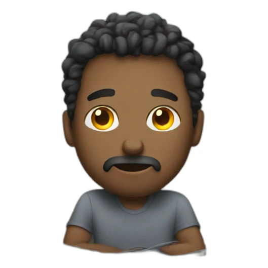 Sitting at his messy desk full of cables sticker