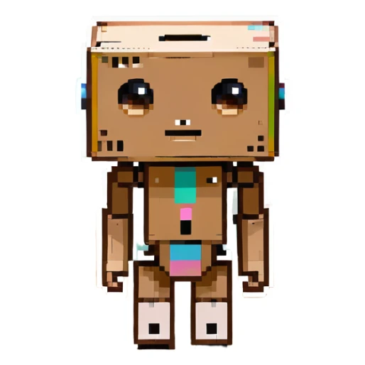 small cardboard robot named Danbo standing alone in a softly lit room, square head with two round black eyes and a small rectangular mouth, folded cardboard body, jointed arms and legs, warm wooden floor, soft shadows, cartoonish, clean lines, pastel colors, cozy and nostalgic atmosphere sticker