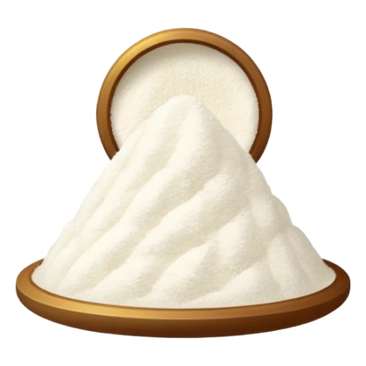 small translucent pile of fine off-white powder with a light fluffy texture, gently mounded or slightly scattered, very fine matte grains resembling starch or gelatin substitute, no spoon bowl or extras, soft lighting, subtle shadows, emoji scale sticker