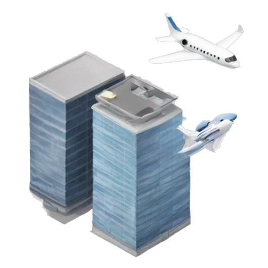 two business buildings with a plane sticker
