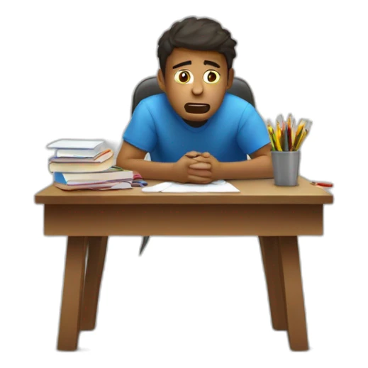 Sitting at his desk Terrified student learning stressed out for exam on desk sticker